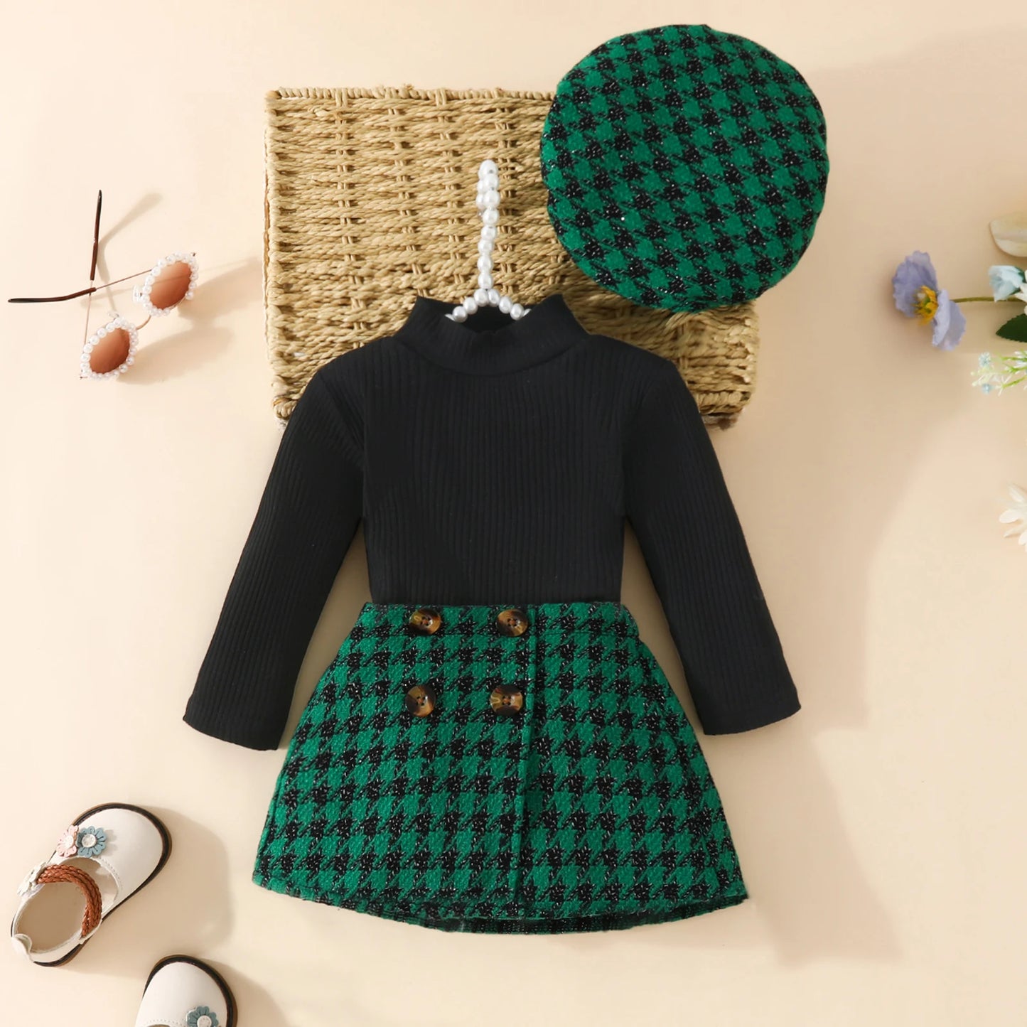 Three-Piece Long Sleeve Plaid Skirt Set