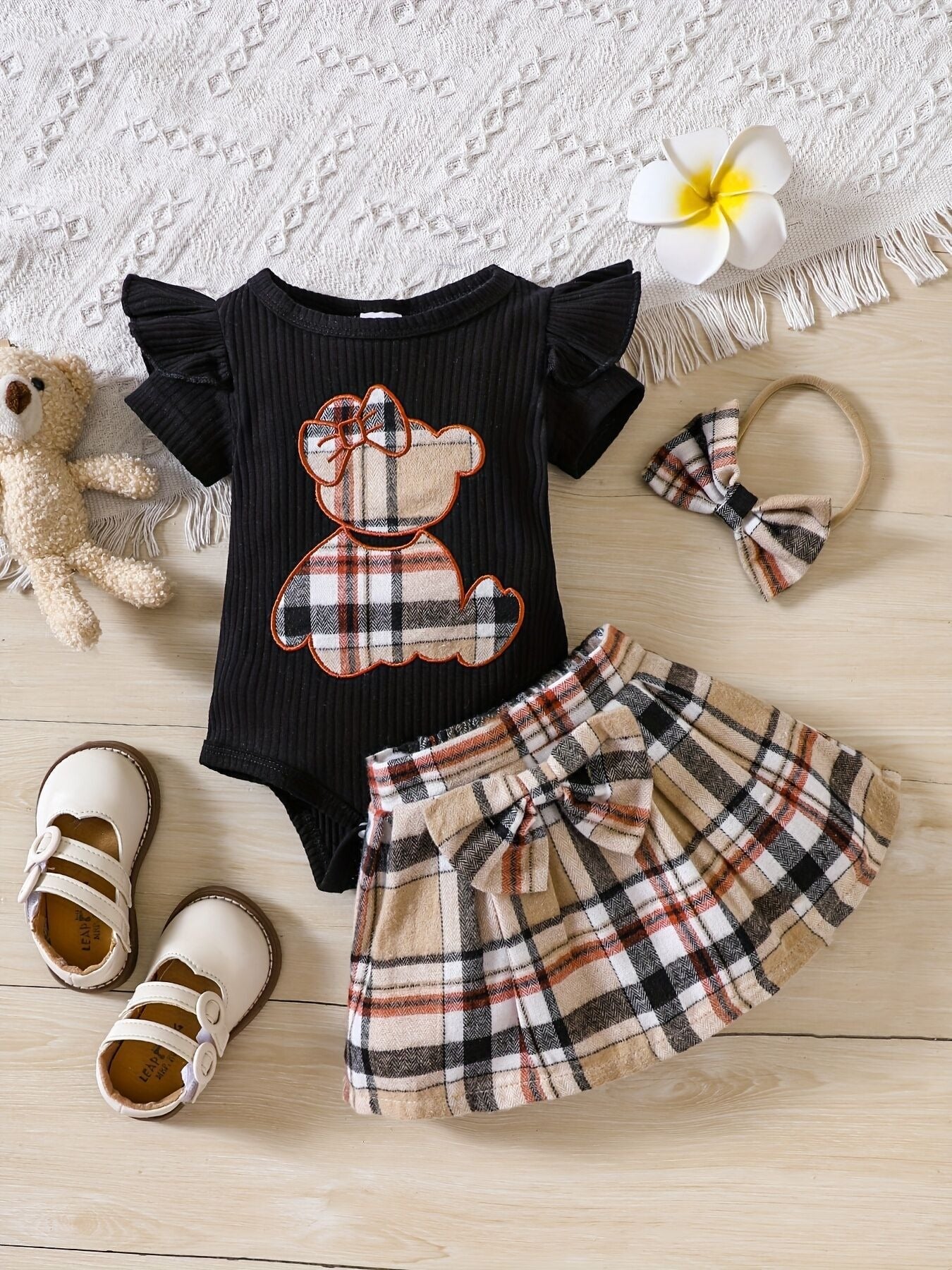 Three-Piece Embroidered Teddy Bear Skirt Set