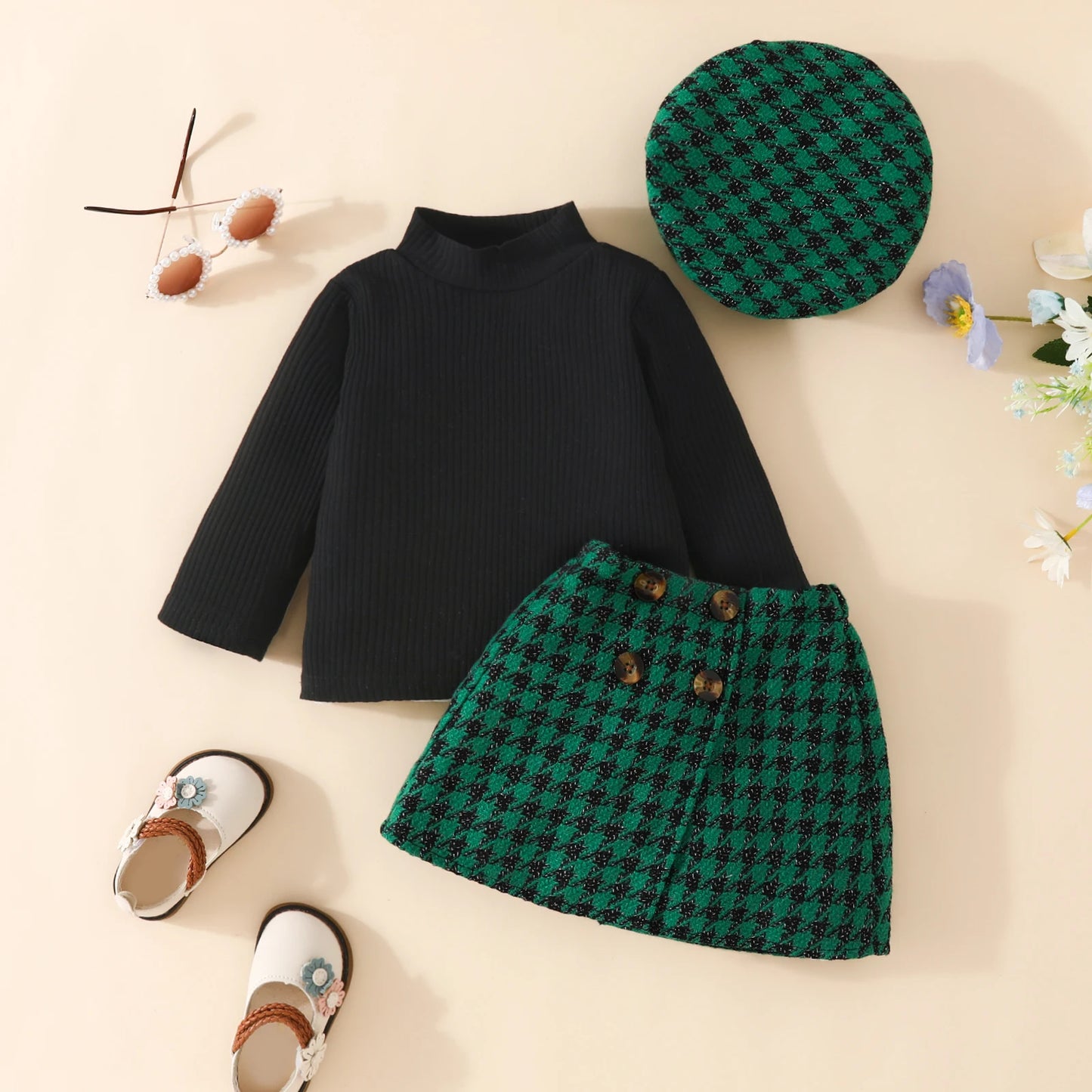 Three-Piece Long Sleeve Plaid Skirt Set