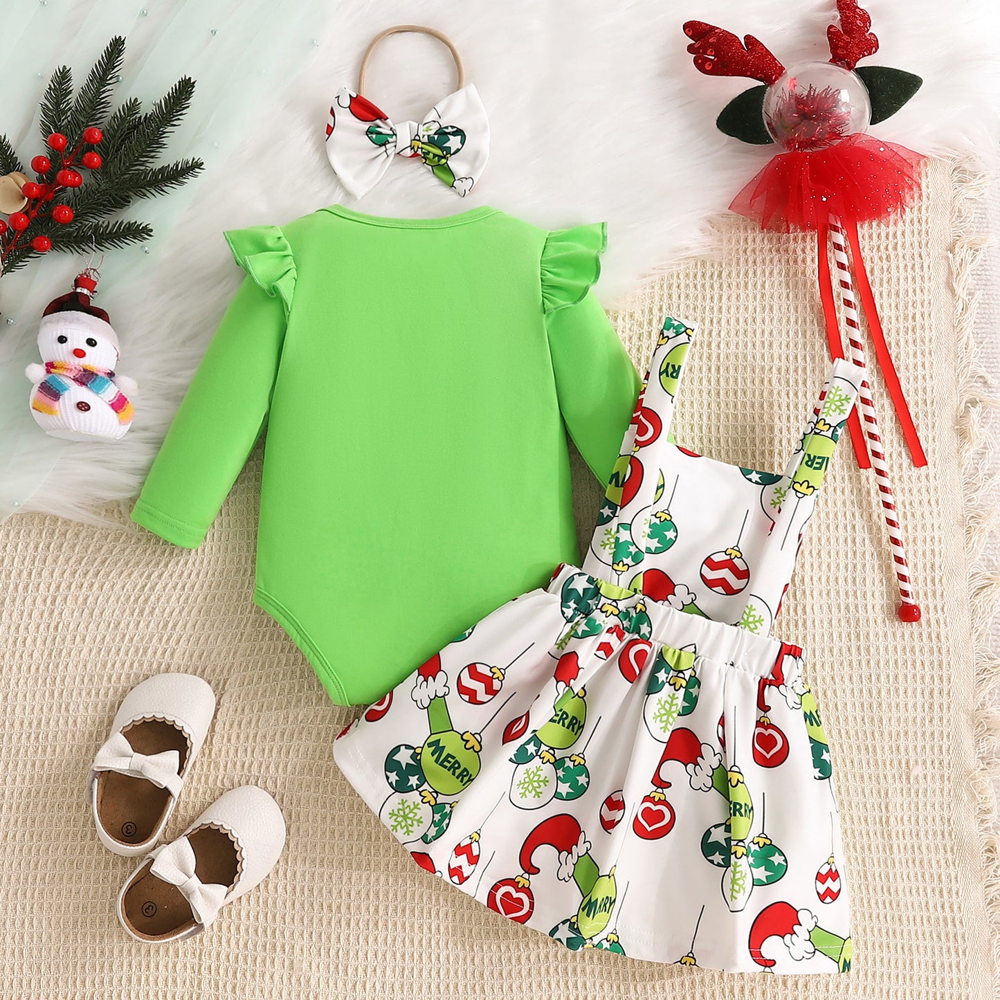 Festive Girl's Dress With Green Long Sleeve Onsie