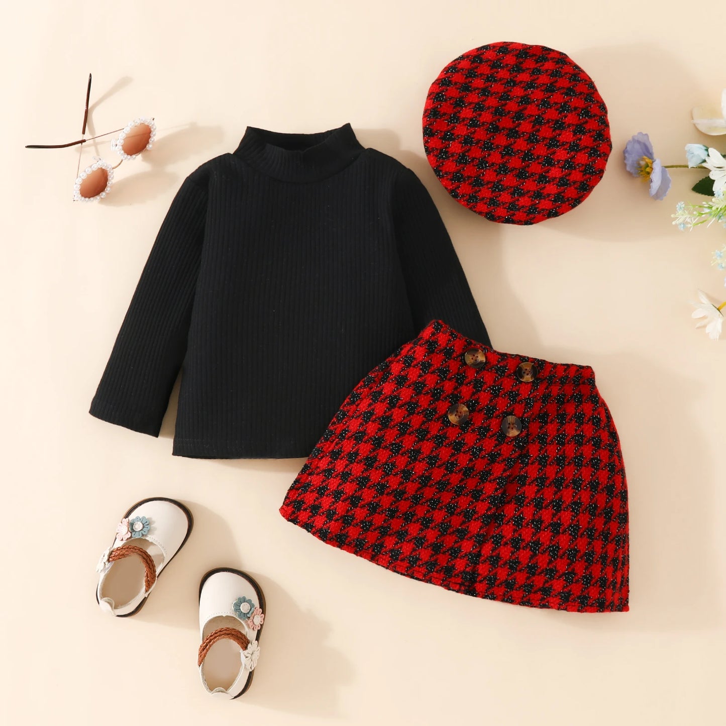 Three-Piece Long Sleeve Plaid Skirt Set