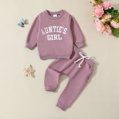 Printed Solid Color "Auntie Girl" Hoodie and Pants