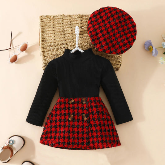 Three-Piece Long Sleeve Plaid Skirt Set