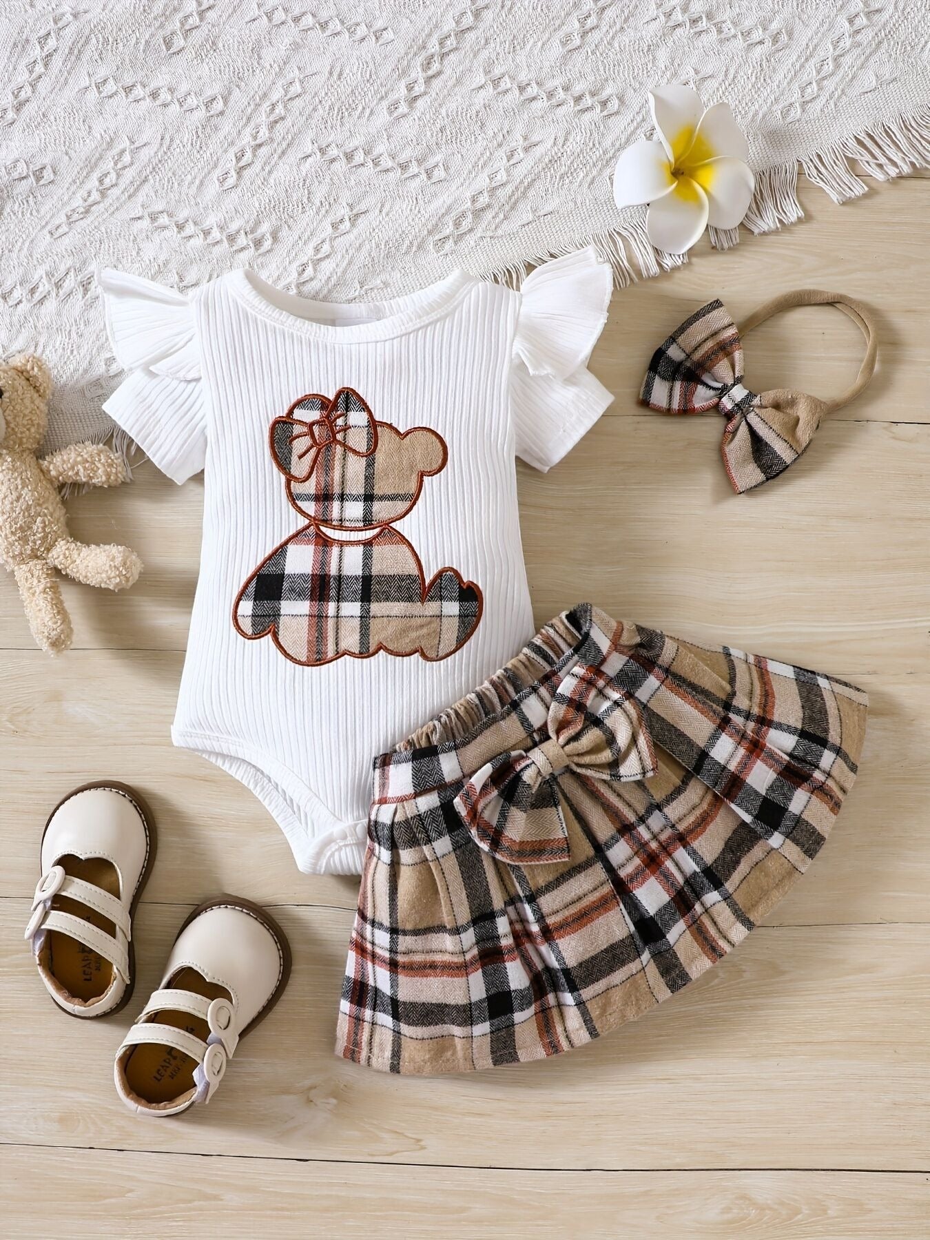 Three-Piece Embroidered Teddy Bear Skirt Set