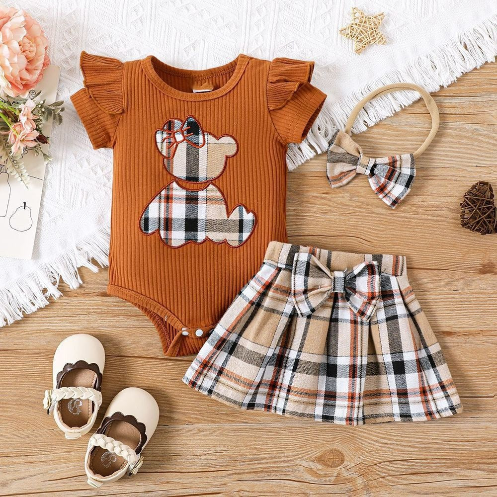 Three-Piece Embroidered Teddy Bear Skirt Set