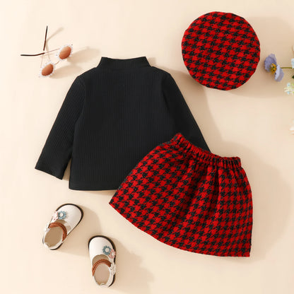 Three-Piece Long Sleeve Plaid Skirt Set