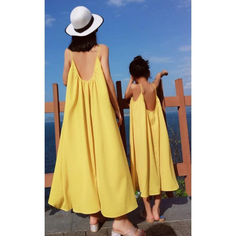 Sunny Yellow Mother-Daughter Matching Midi Sundresses - Flowy Summer Sleeveless Dresses with Adjustable Straps-dresslikemommy.com