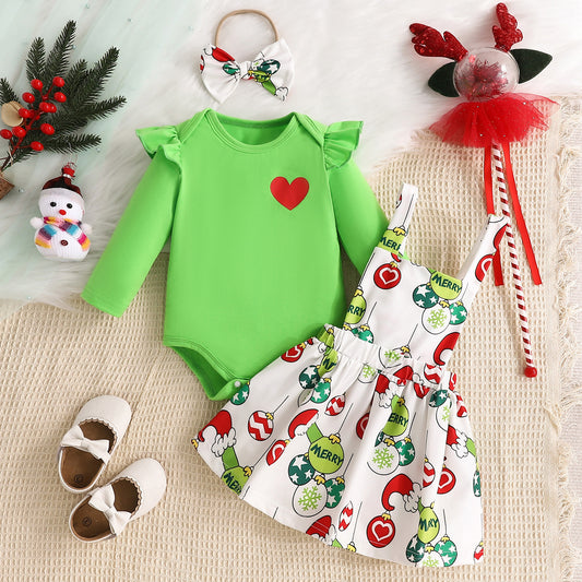 Festive Girl's Dress With Green Long Sleeve Onsie