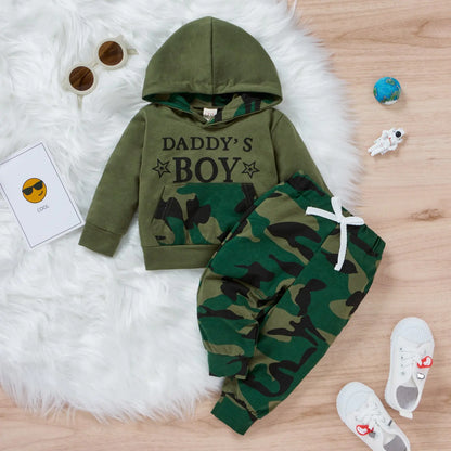 Long Sleeve Letter Printed Hooded Top With Camo Pants