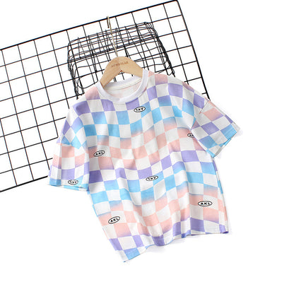 Checkerboard Pattern Short Sleeve Crewneck Tee by MyKids-USA™