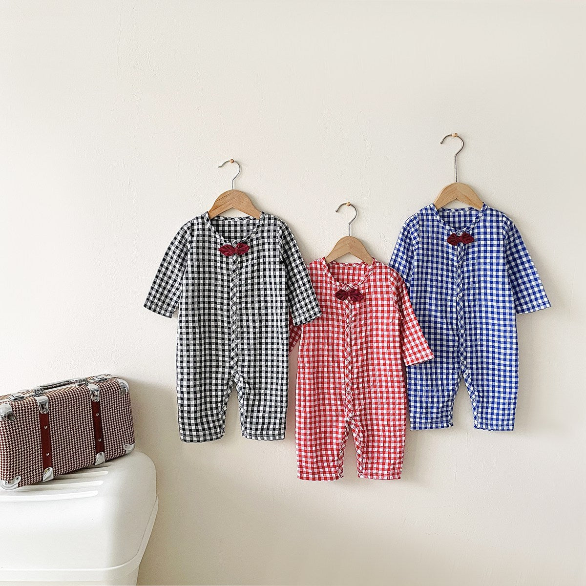 Plaid Pattern Bow Patched Design Cotton Jumpsuit by MyKids-USA™