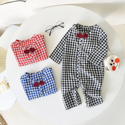 Plaid Pattern Bow Patched Design Cotton Jumpsuit by MyKids-USA™