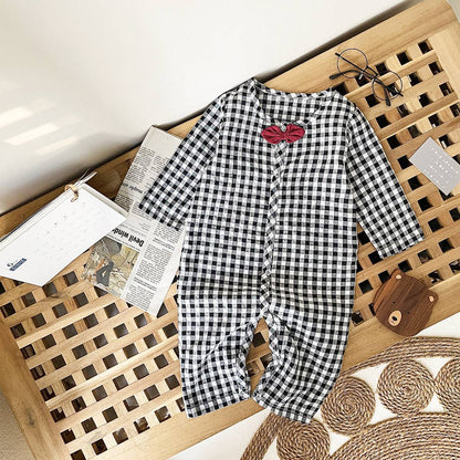 Plaid Pattern Bow Patched Design Cotton Jumpsuit by MyKids-USA™