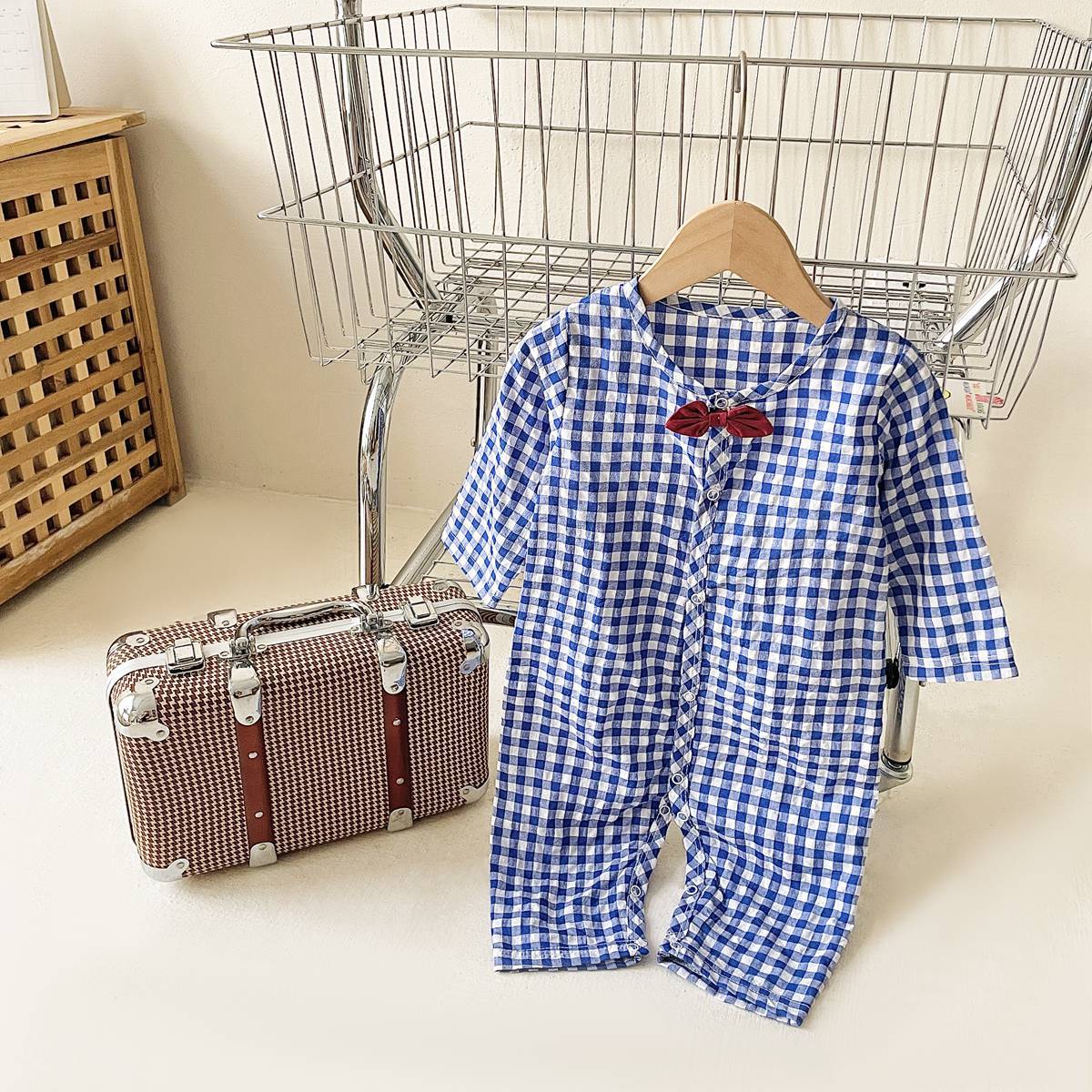 Plaid Pattern Bow Patched Design Cotton Jumpsuit by MyKids-USA™