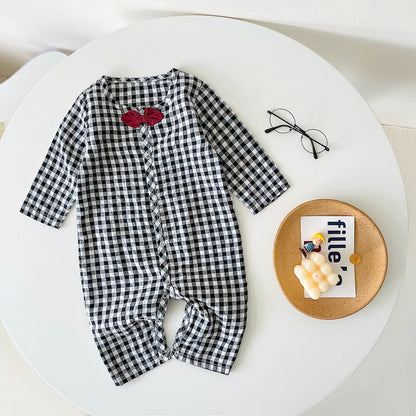 Plaid Pattern Bow Patched Design Cotton Jumpsuit by MyKids-USA™