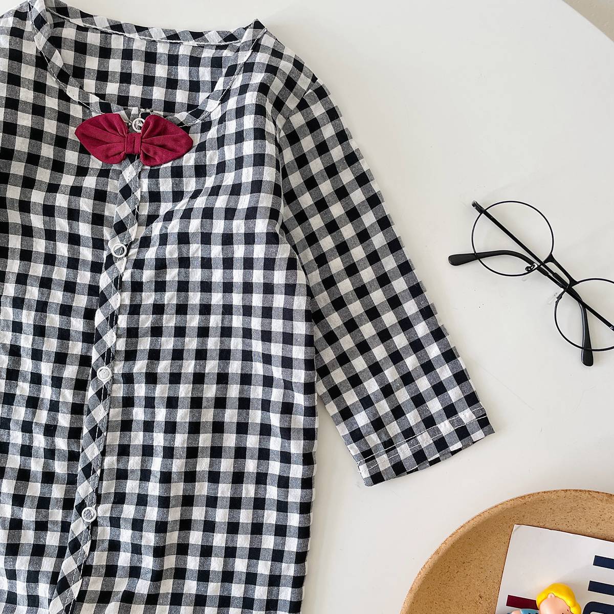 Plaid Pattern Bow Patched Design Cotton Jumpsuit by MyKids-USA™