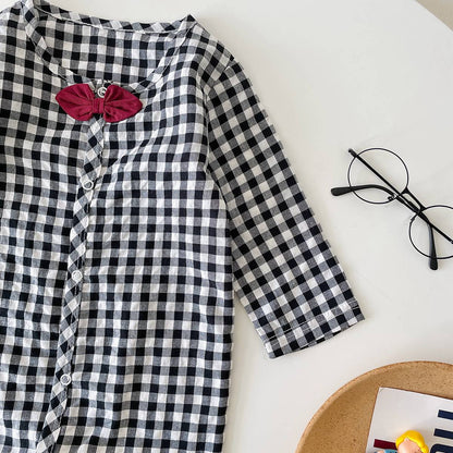 Plaid Pattern Bow Patched Design Cotton Jumpsuit by MyKids-USA™